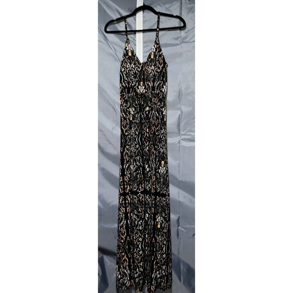 Just Love Maxi Dress Large Black Orange Damask Print Smocked Back Camisole
